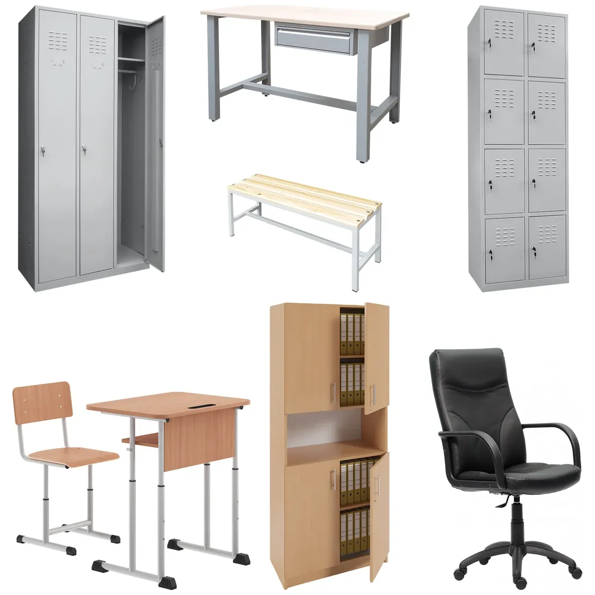 Gama Minolex: vestiar metalic cu 3 uși, banc de lucru, bancă de vestiar, vestiar metalic cu 8 uși mici, set de mobilier școlar, dulap din PAL și scaun de birou